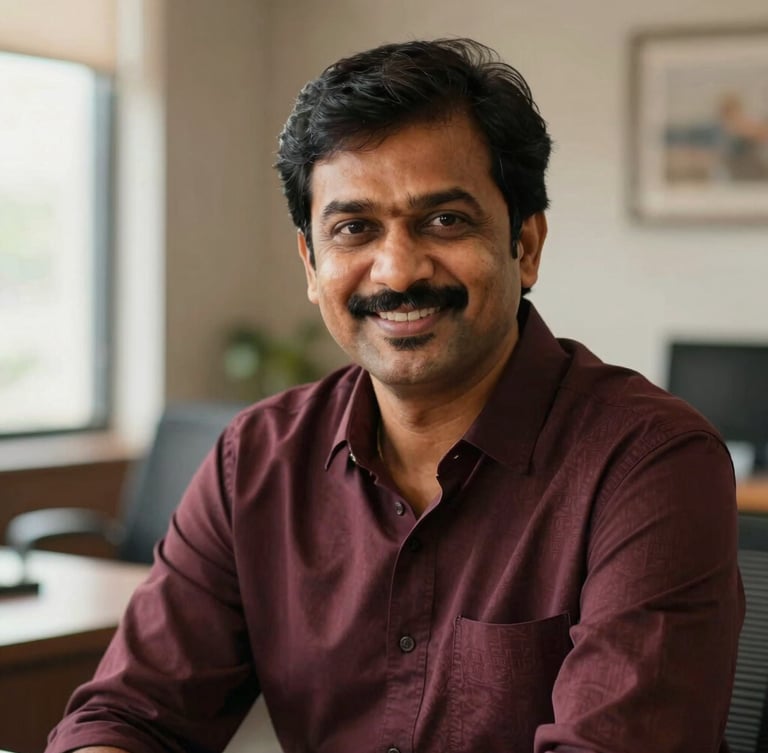 Warm, professional portrait of Sarath Kumar Nadiminti, an Indian man in his 40s, smiling reassuringly, in a softly lit modern office setting, shallow depth of field.