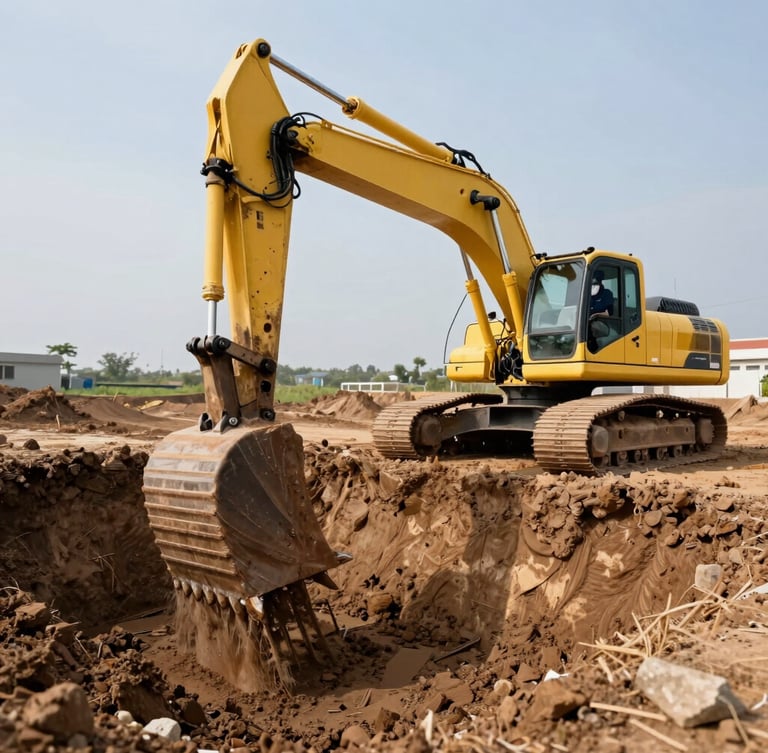 Wide panoramic shot of an 8-ton yellow excavator digging a precise foundation trench, bright high-contrast daylight, operator visible in the cabin, negative space on the left.