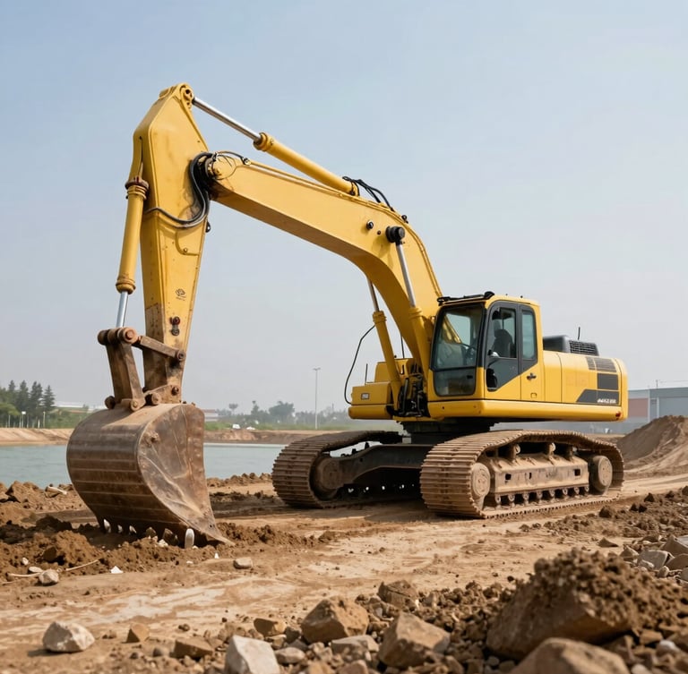 Wide panoramic environmental shot of a 21-ton heavy excavator moving earth for a large pond, bright daylight highlighting the clean yellow machinery, wide horizon.