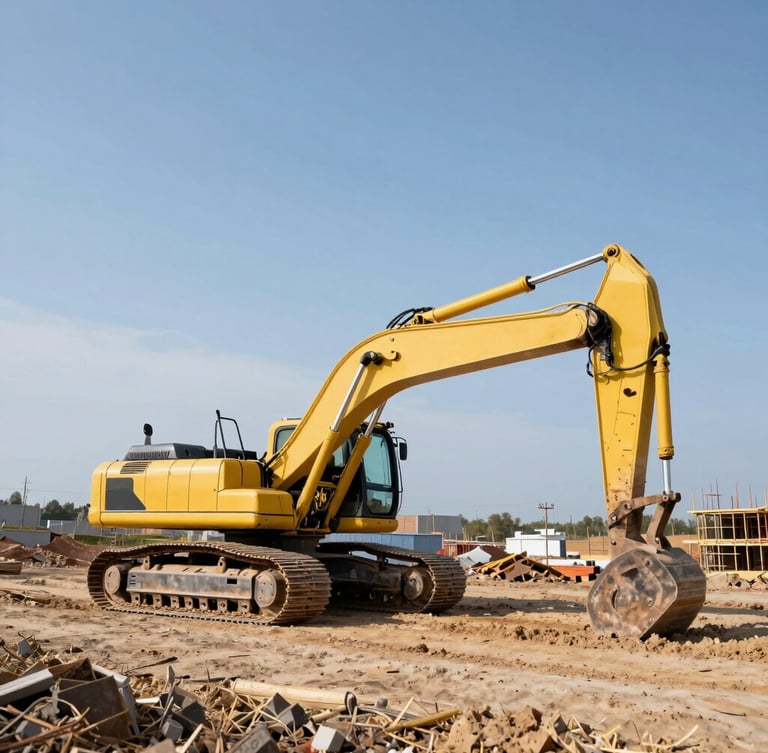 Wide panoramic view of a modern yellow excavator parked on a prepared construction site in Vilnius, bright daylight, clean tracks, expansive sky to the right.
