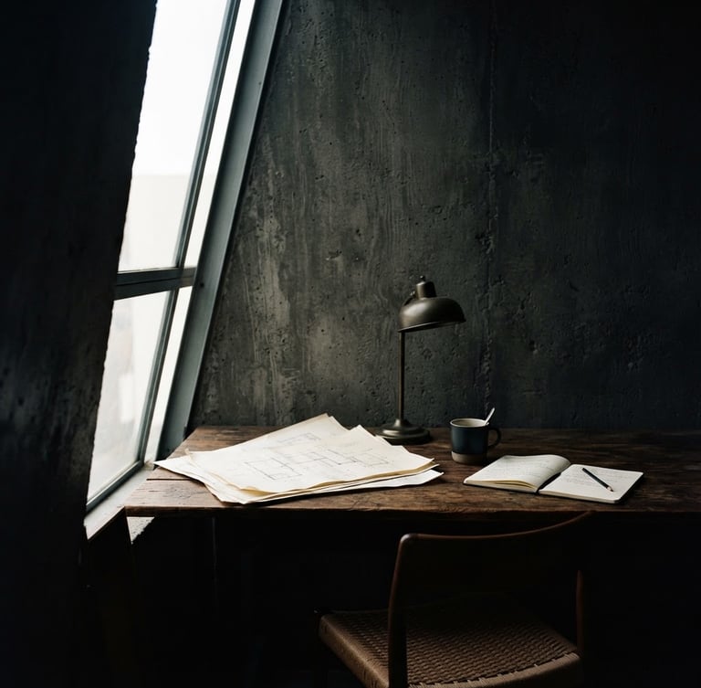 Editorial film photography of a quiet, architectural concrete workspace with deep shadows and sharp window light, tight off-center crop, 50mm lens