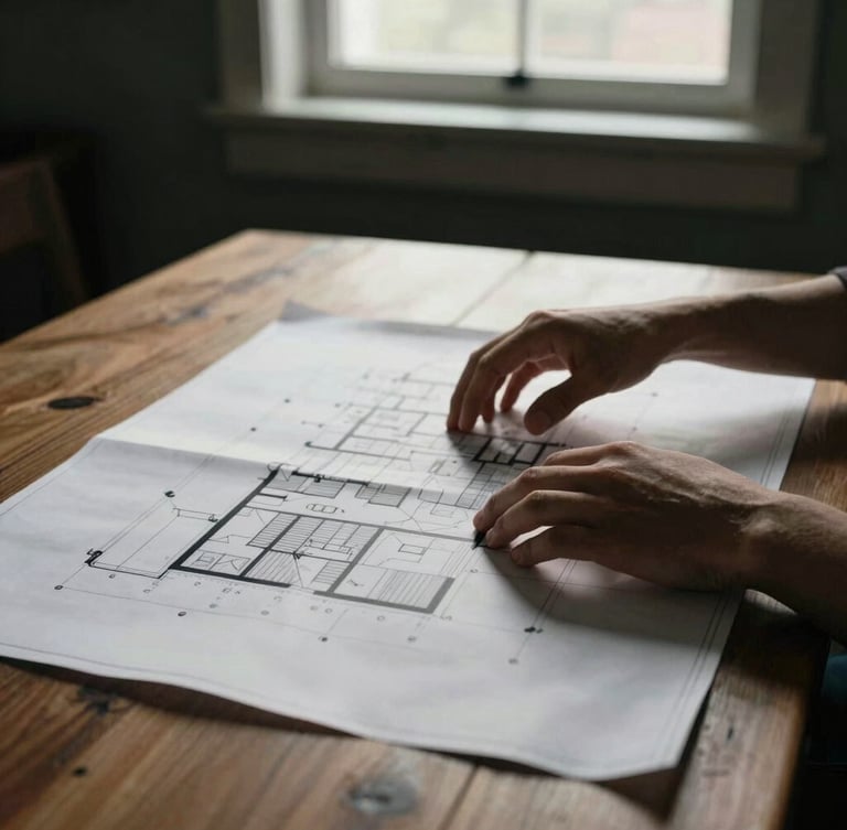 Tight, high-contrast close-up of hands gesturing over architectural blueprints on a heavy oak table, low-key natural window lighting, deep shadows, 50mm editorial film style