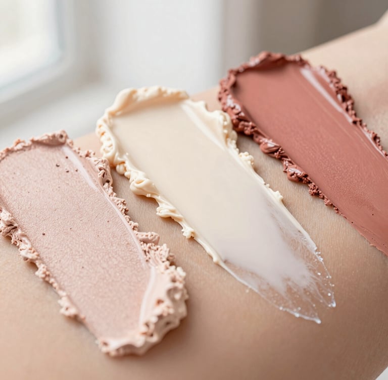 Close-up of warm cream and dusty rose makeup swatches on diverse skin tones, soft natural light, tactile texture.
