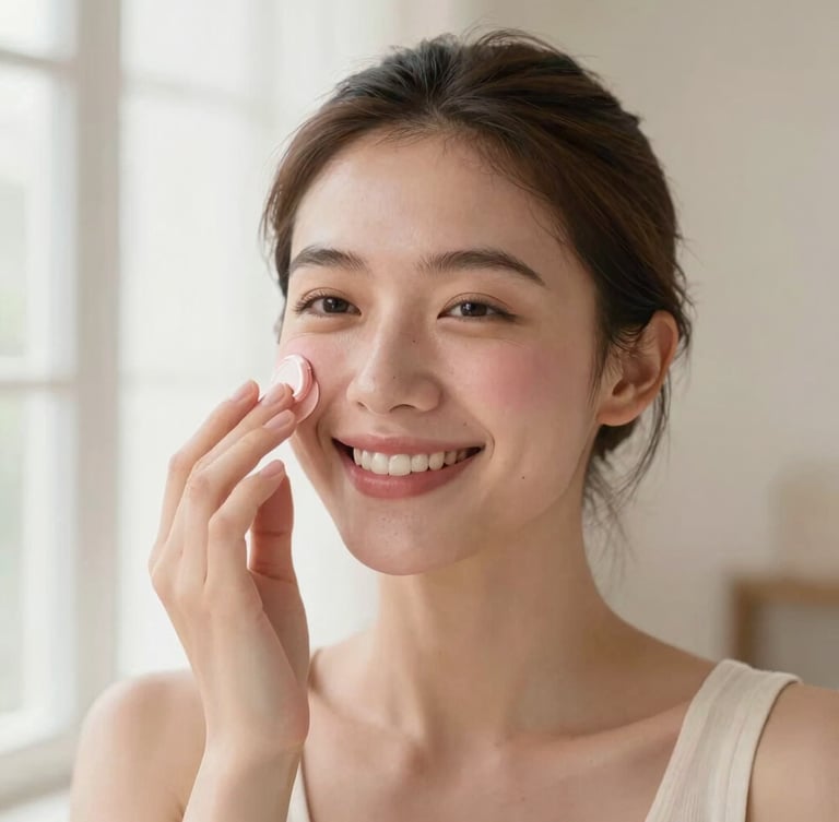 Warm editorial portrait of a smiling creator with natural skin texture applying cream blush, soft diffused natural window light, dusty rose tones, shallow depth of field