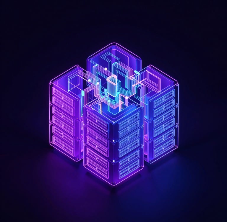 Abstract 3d render of a glowing architectural blueprint of a server stack, neon violet and blue ambient light, dark background, isometric perspective