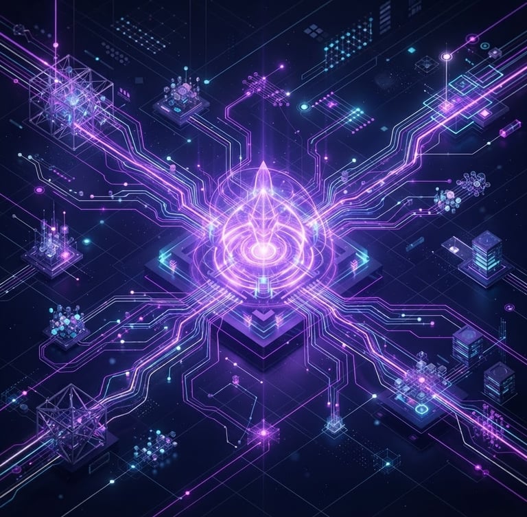 Abstract 3d render of glowing data-flow nodes routing through a central violet nexus, dark navy background, isometric perspective, high-contrast neon accents