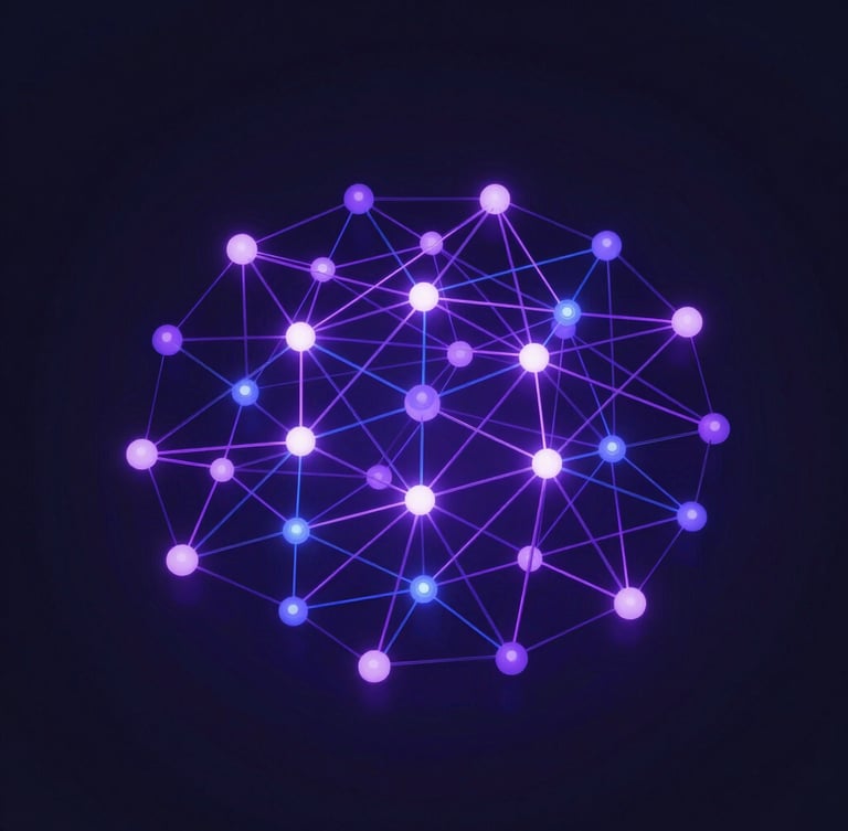 Abstract 3D render of a secure data transfer network, glowing violet and blue lines connecting nodes, dark background, isometric perspective, representing a seamless and independent system handover.