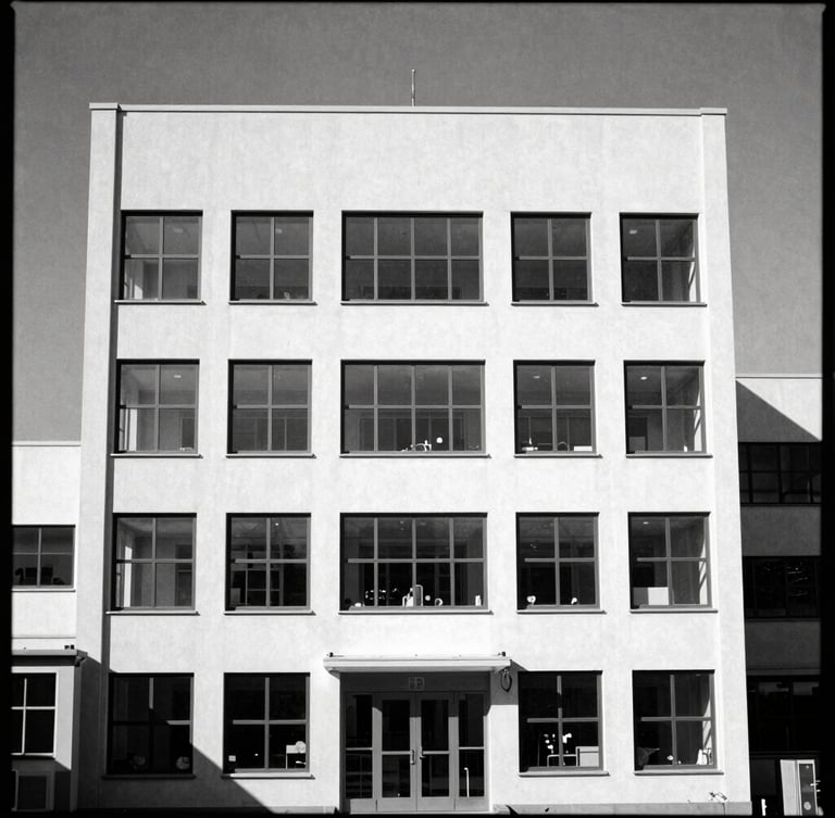 Stark architectural photography of a high-tech cleanroom laboratory, high-contrast monochrome, sharp focus, direct hard sunlight, 35mm