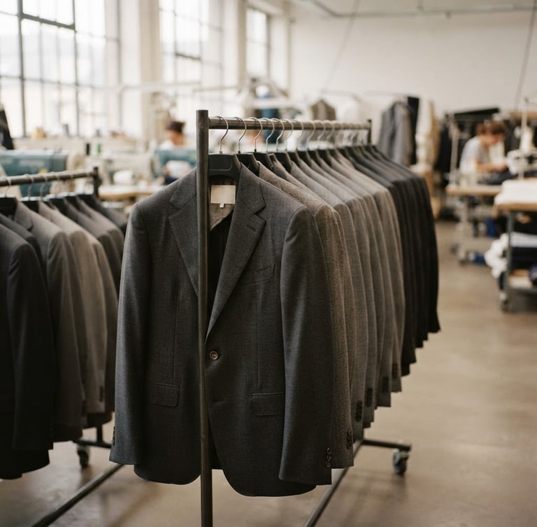Elegant editorial photography of a modern textile production floor, soft natural window light, muted charcoal and warm gray tones, structured suit jackets hanging in a row, shallow depth of field, 35mm