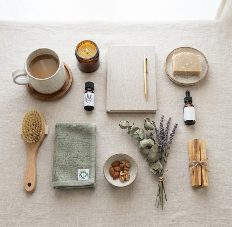 Clean product flat lay, organized home goods, bright natural light, crisp focus, neutral background, 50mm