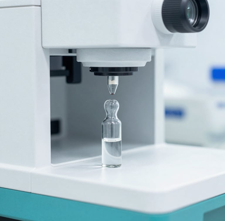 Close-up of modern clinical laboratory equipment, clear glass vials in a sterile white and teal setting, bright high-key lighting, sharp focus, 50mm