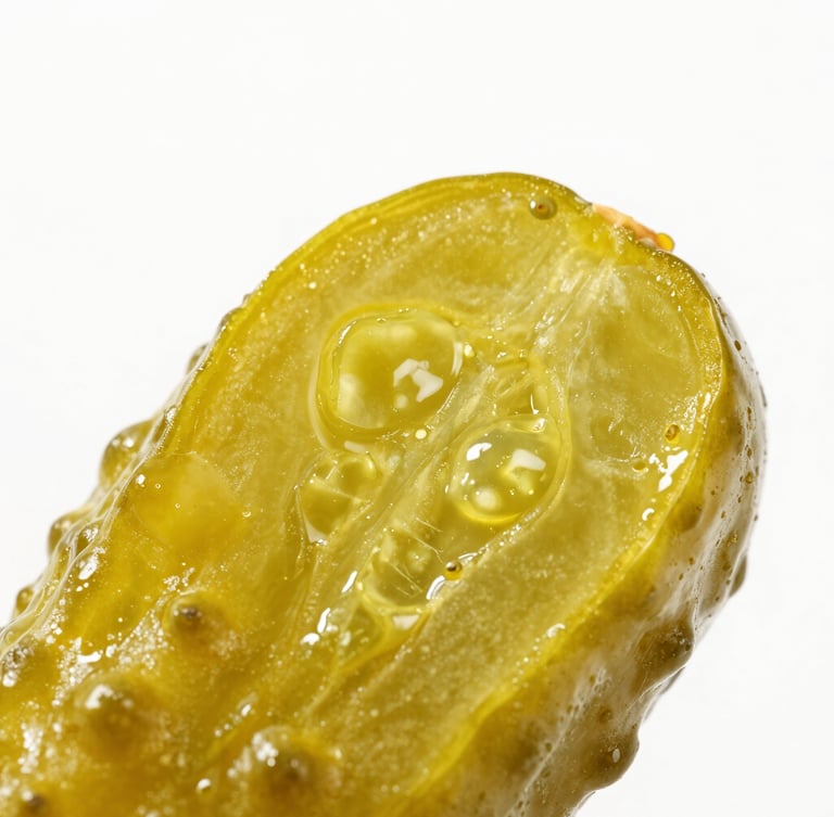 Extreme close-up of a single glistening dill pickle snapping in half, bright high-key food photography, crisp studio light, vibrant pickle green tones, macro lens, white background