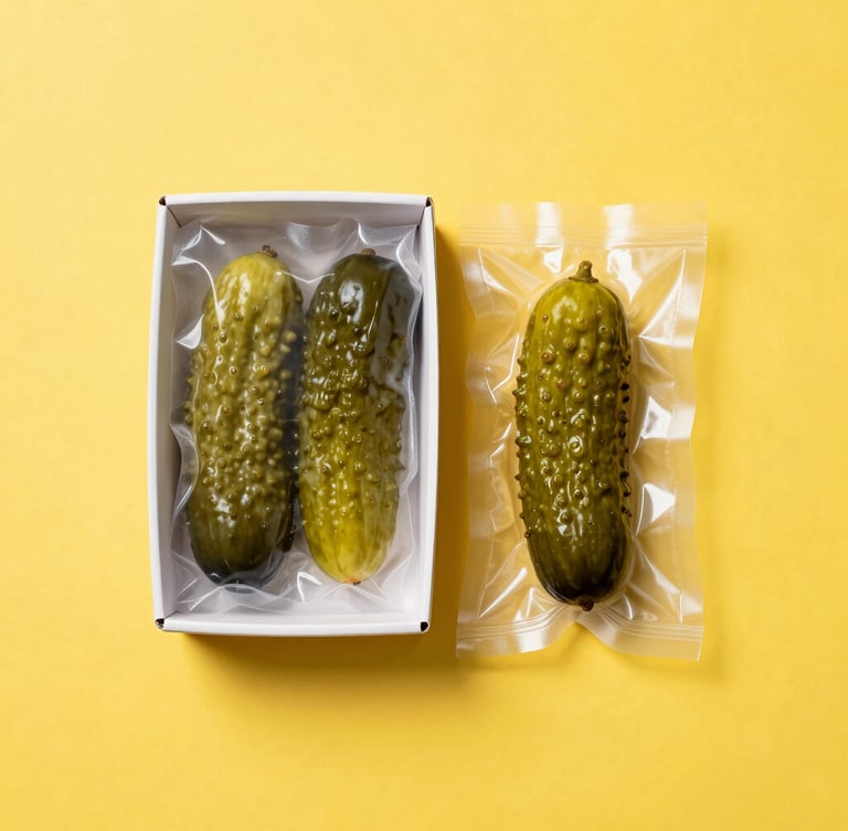 An overhead flat-lay of a sleek, minimalist single-pickle shipping box on a vibrant yellow background, a single glistening green pickle resting beside its custom vacuum-sealed pod, crisp studio lighting.