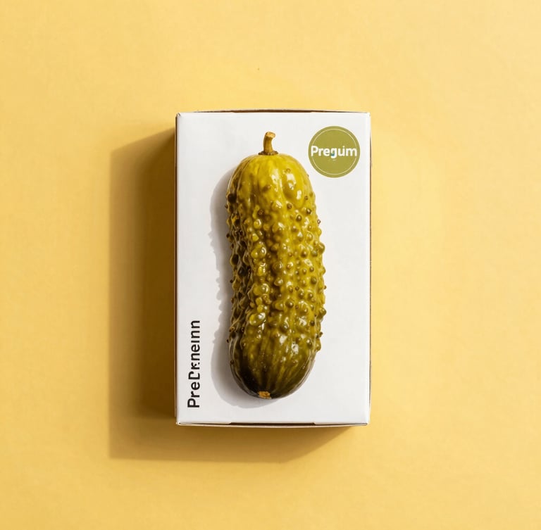 Overhead flat-lay of a single-pickle premium box on a bright mustard yellow surface, high-key studio lighting, crisp shadows
