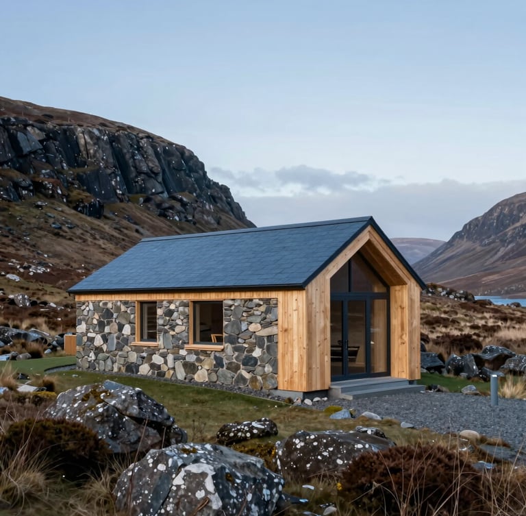 Wide shot of a modern, sustainable timber and stone structure integrated into a rugged Scottish landscape under soft, diffused northern daylight. Architectural photography, sharp focus, 35mm tilt-shift lens.
