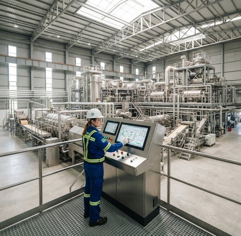 Wide shot of a modern, automated sugar mill interior with gleaming machinery under bright natural daylight, an engineer in clean safety gear reviewing a control panel in the foreground.
