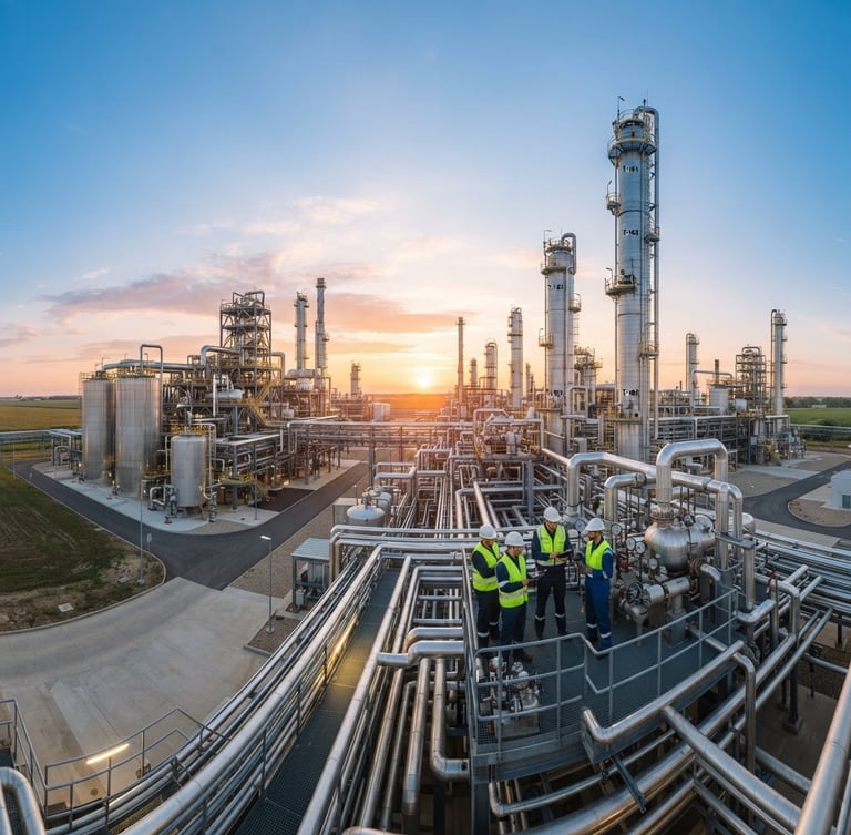 Wide panoramic shot of a modern, clean ethanol distillation plant at sunrise, with stainless steel tanks and intricate piping, engineers in clean safety gear in the mid-ground, bright natural daylight, high-detail 35mm.