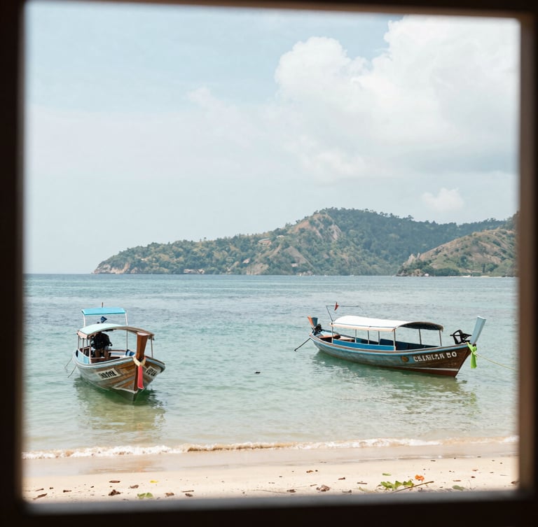 Bright daylight view of Chalong bay with quiet boats moored, soft tropical hills in the background, realistic framing, 35mm lens