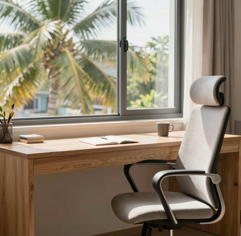 Bright realistic interior of a modern condo workspace in Rawai, natural tropical daylight streaming through a window onto a clean wooden desk, a comfortable ergonomic chair, soft warm tones, 35mm lens.