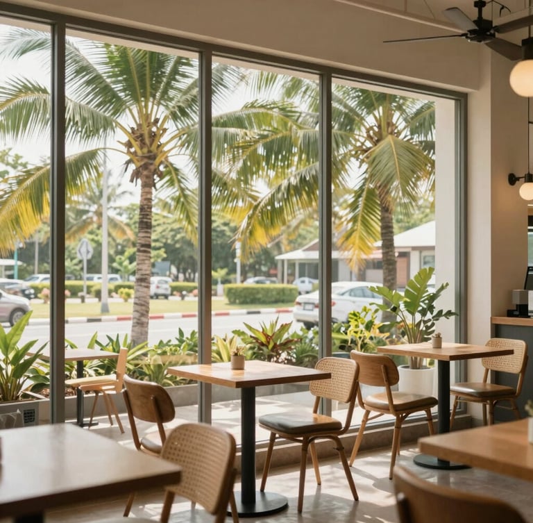 Eye-level bright interior of a modern workspace cafe in Rawai, large glass windows looking out to palm trees, warm daylight, 35mm lens