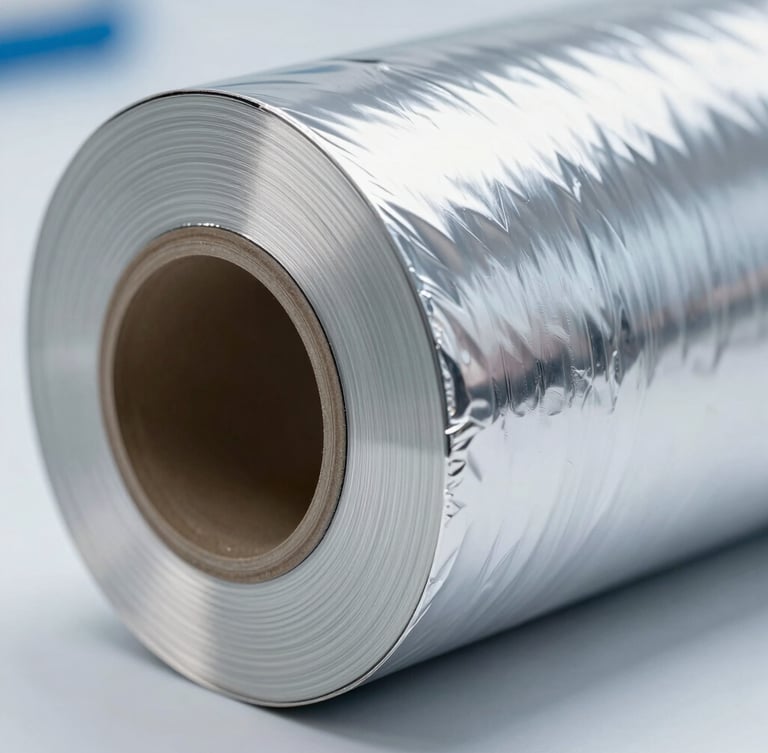 Macro close-up of a precision-slit aluminum foil roll, bright clinical studio lighting with sharp metallic reflections, slate gray and silver tones, extreme depth of field.