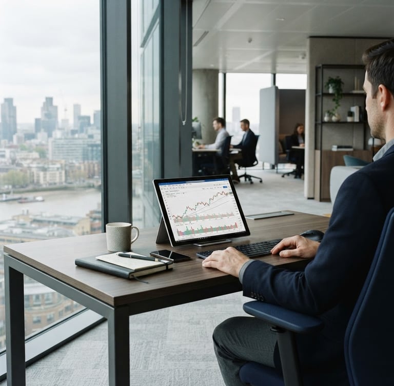 Modern corporate office interior with a large window, a financial chart displayed on a tablet on a sleek desk, soft natural overcast daylight, deep navy and neutral tones, sharp focus, 35mm