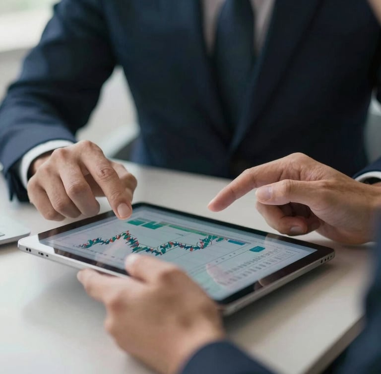 Close-up of hands reviewing financial charts on a tablet, professional business tools, soft natural light, deep navy and neutral tones, sharp focus, 35mm