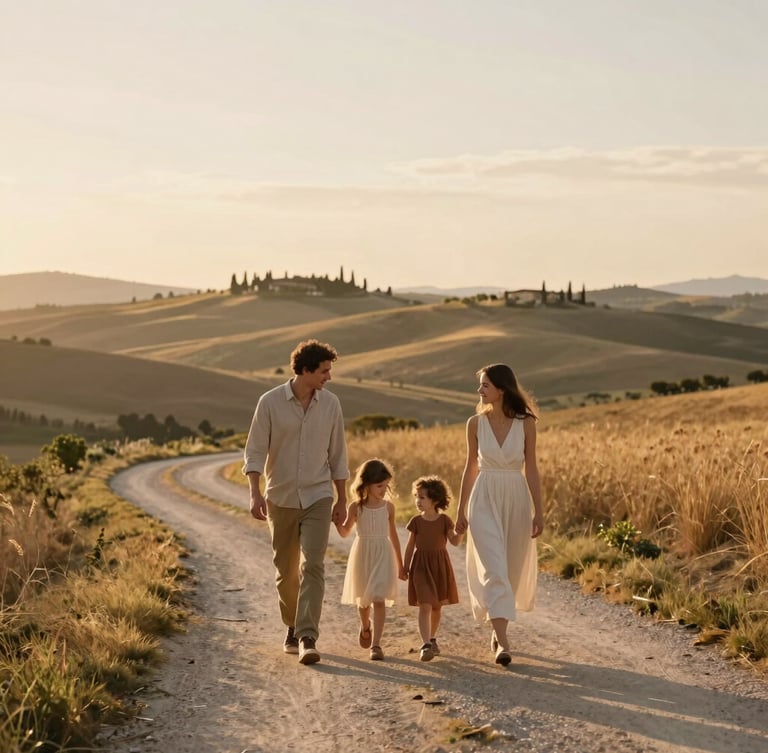 Wide environmental shot of a family walking hand-in-hand along a quiet Tuscan path during golden hour, soft warm light, elegant styling, expansive landscape behind them.