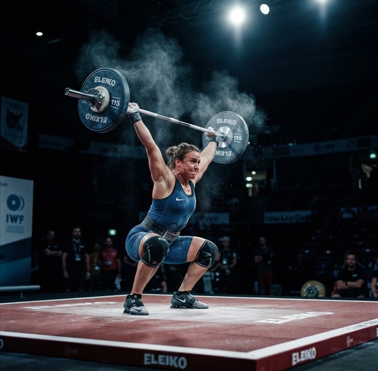 dramatic athletic photography, focused overhead spotlighting, high contrast cool tones, sharp details of steel and chalk, 35mm lens, a female weightlifter in the catch position of a clean and jerk, barbell overhead, chalk dust in the air, on an official competition platform, wide environmental shot, low horizon, off-center to the left.