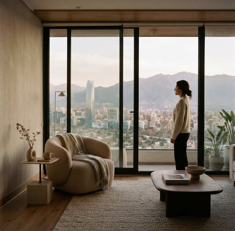 Vertical shot of a modern minimalist apartment living room with large windows overlooking Santiago, soft natural light, warm neutral tones, wood and stone textures, a subtle hint of a person observing the view from the side.
