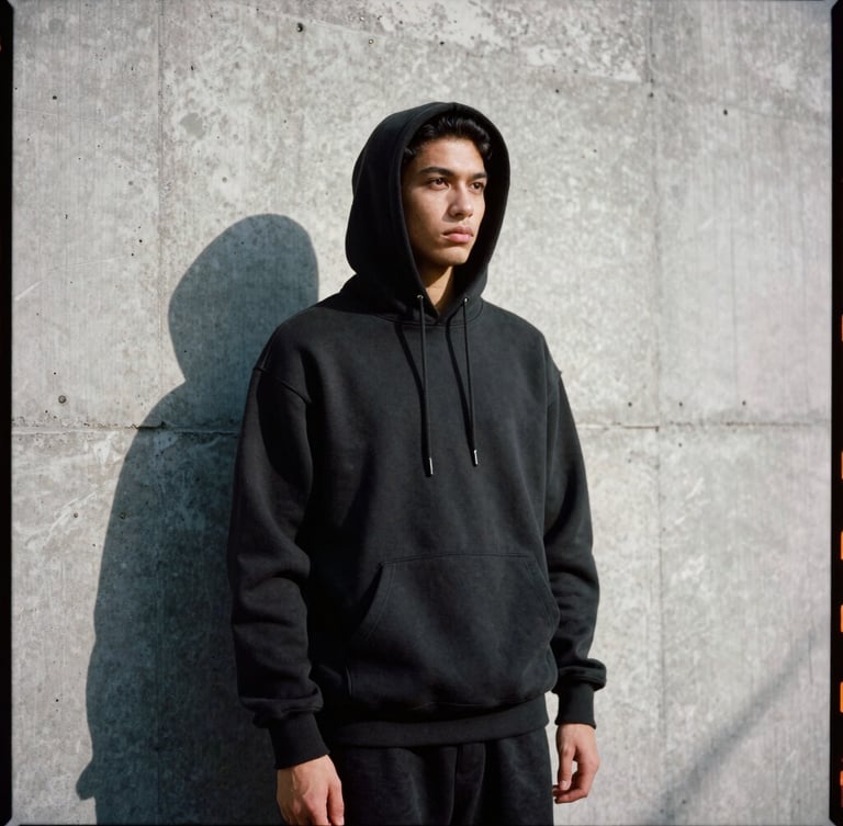 Low-angle editorial 35mm film shot of a heavyweight black cotton hoodie on a model standing against a raw textured concrete wall, harsh direct sunlight, deep shadows.