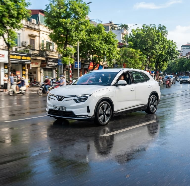 Modern electric SUV driving on a clean urban boulevard in Hanoi, bright morning daylight, reflections on wet asphalt, sharp focus, 50mm lens