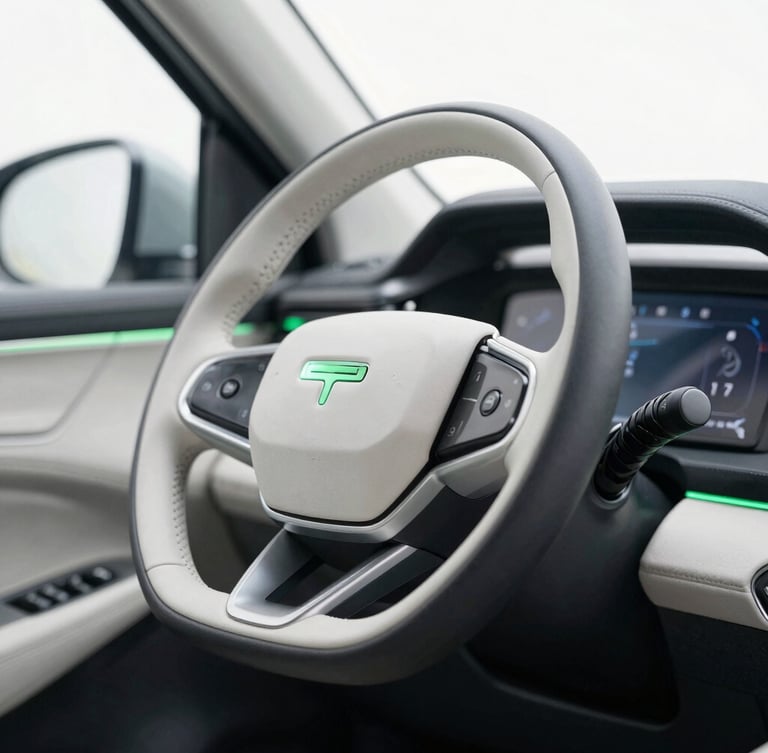 Close-up of modern car dashboard technology, clean steering wheel, bright natural daylight, crisp green accent light