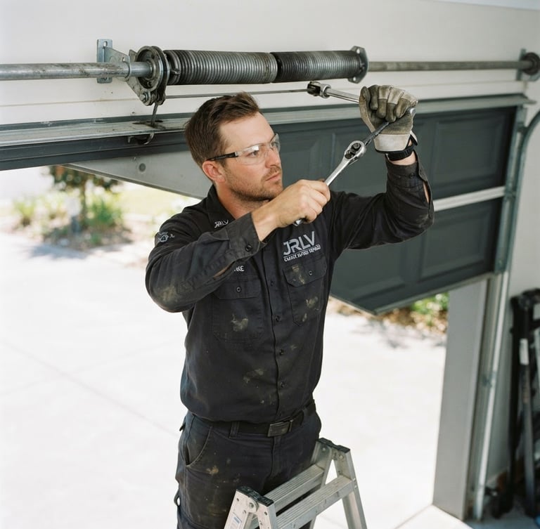 Close-up of a JRLV Garage Doors Repairs technician in branded uniform, safely working on a garage door spring, bright natural outdoor daylight, clean steel and charcoal tones, sharp focus, 35mm.