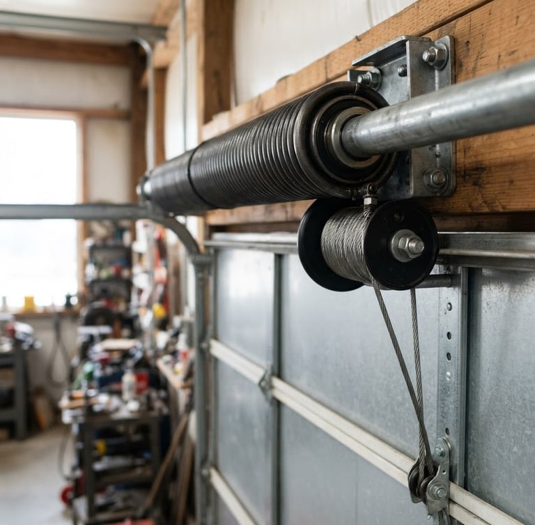 Close-up of heavy-duty garage door torsion springs, clean, sharp focus, industrial utility, bright natural daylight, 35mm