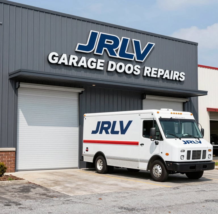 Wide shot of JRLV Garage Doors Repairs physical storefront on Clemson Blvd, Anderson SC, with a branded service truck parked outside, bright natural daylight, crisp industrial photography, 35mm.