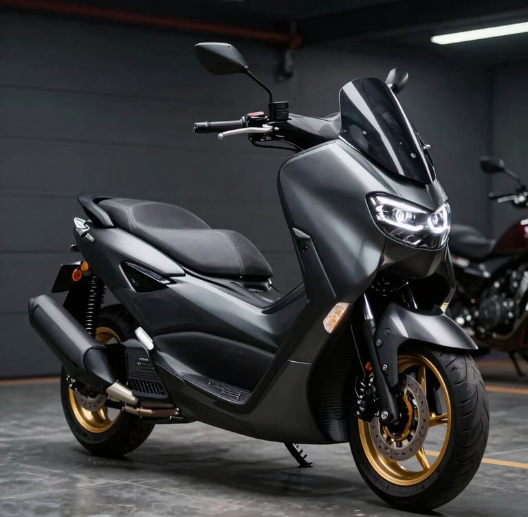 Sleek shadowy side profile of a metallic black Yamaha Nmax motorcycle, headlights glowing softly, gold metallic accents on the wheel rims, dark luxury garage setting