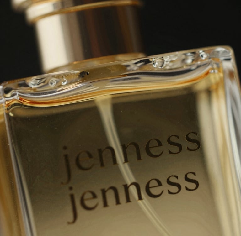 Extreme close-up macro shot of the Jenness perfume bottle glass texture, strong directional gold rim lights, pitch-black background.