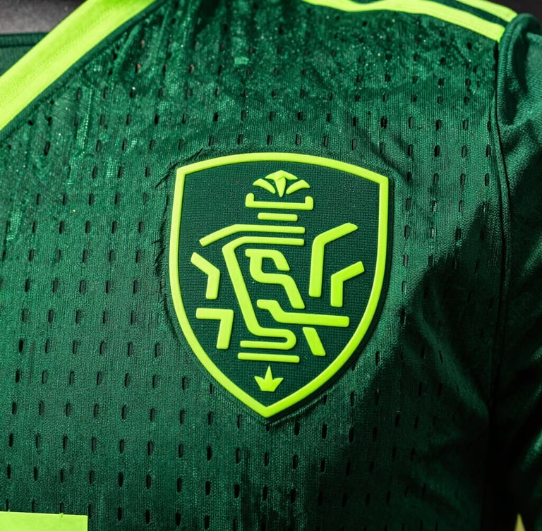 Macro close-up of a football jersey fabric, showcasing intricate ventilation mesh patterns and a heat-applied silicone crest under dramatic stadium lighting, rich green and neon accents