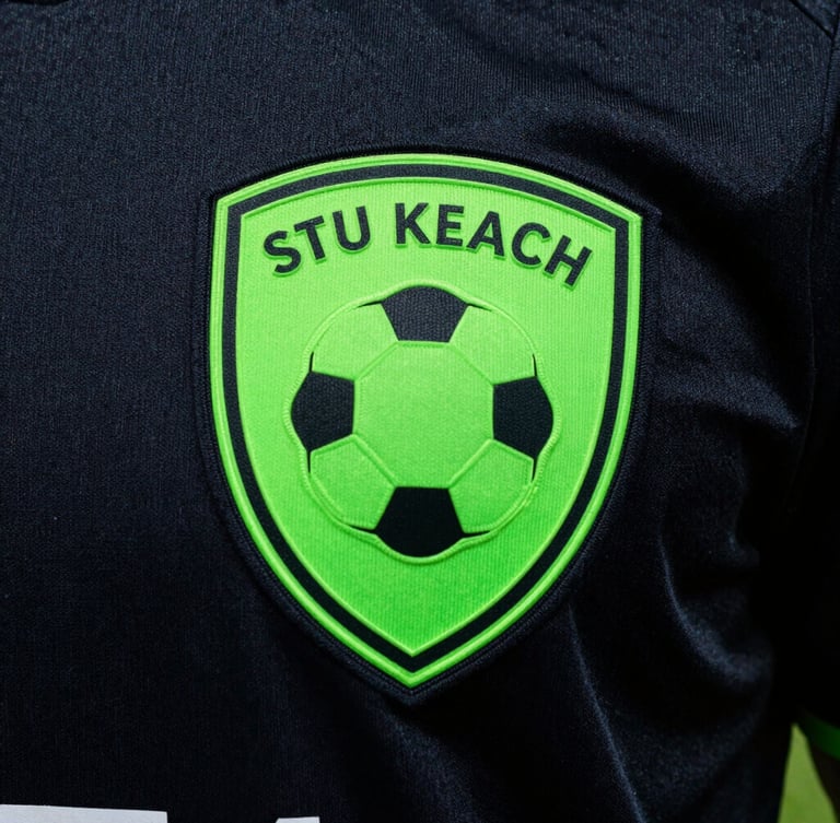 high-contrast athletic photography of a neon green heat-applied football club crest on a dark textured player-version jersey, dramatic stadium lighting, rich saturated colors, sharp focus, 35mm