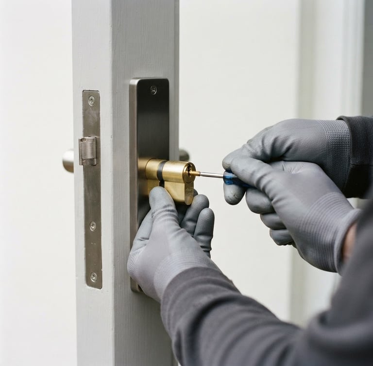 Close-up of professional hands in clean gloves carefully replacing a metal lock cylinder on a door, bright neutral daylight, sharp focus, 35mm