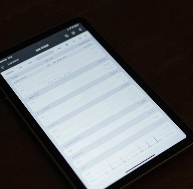 Macro detailed shot of a high-resolution dark mode dashboard interface on a tablet, displaying structured schedules and clean data graphs under soft cool light