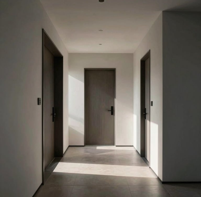 Macro shot of a highly organized architectural home entryway, sharp shadows, cool morning light, minimalist design, premium materials.
