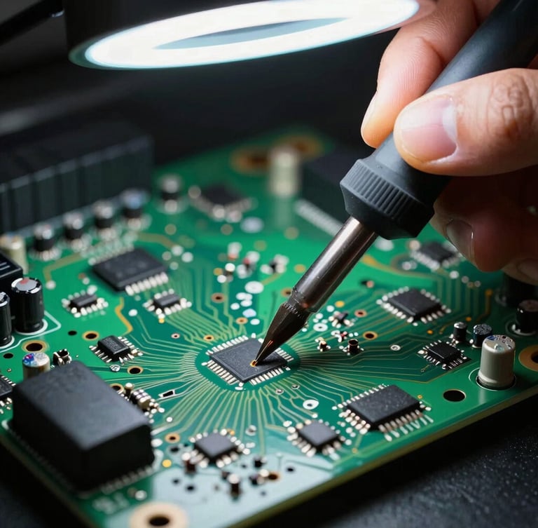 Extreme close-up of a master technician micro-soldering a green automotive ECU circuit board under cool LED ring light, focus on soldering iron tip and tiny capacitors, high-contrast shadows
