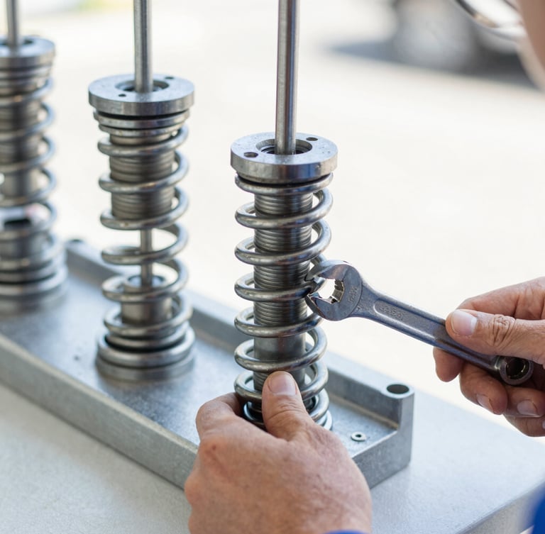 Close-up shot of heavy-duty steel torsion springs being calibrated by a technician's hands holding a wrench, bright Southern California daylight, sharp focus on mechanical details, 50mm lens