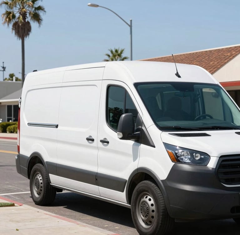 A clean service van parked on a sunny San Diego street near Pacific Beach, bright Southern California daylight, crisp commercial photography
