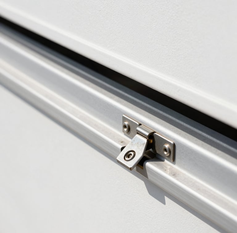Close-up of clean garage door tracks and steel hinges, bright Southern California daylight, sharp focus on mechanical details, 50mm lens