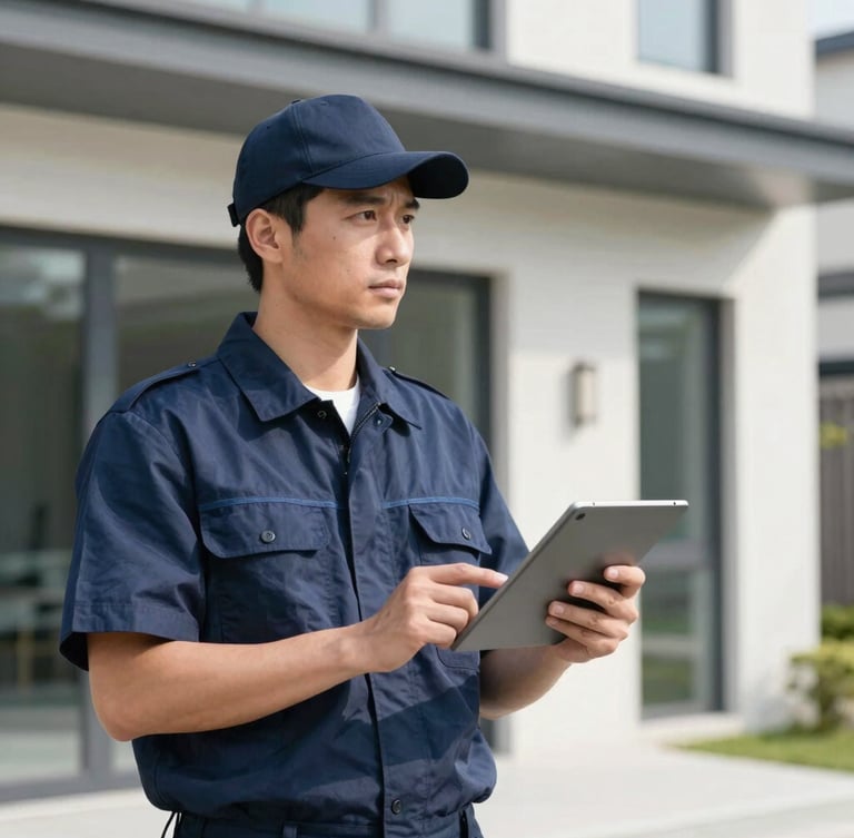 Medium-shot portrait of a professional WestStar technician in a clean navy uniform inspecting a modern rental property exterior, holding a digital tablet, bright natural daylight, clean high-contrast tones, sharp focus, 35mm lens