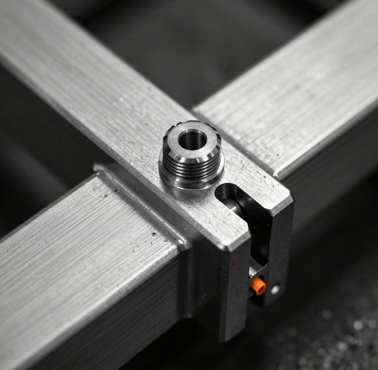 Stark industrial photography, harsh high-contrast studio light, monochrome, close-up of a heavy tension joint on brushed aluminum extrusions, sharp macro focus, 35mm