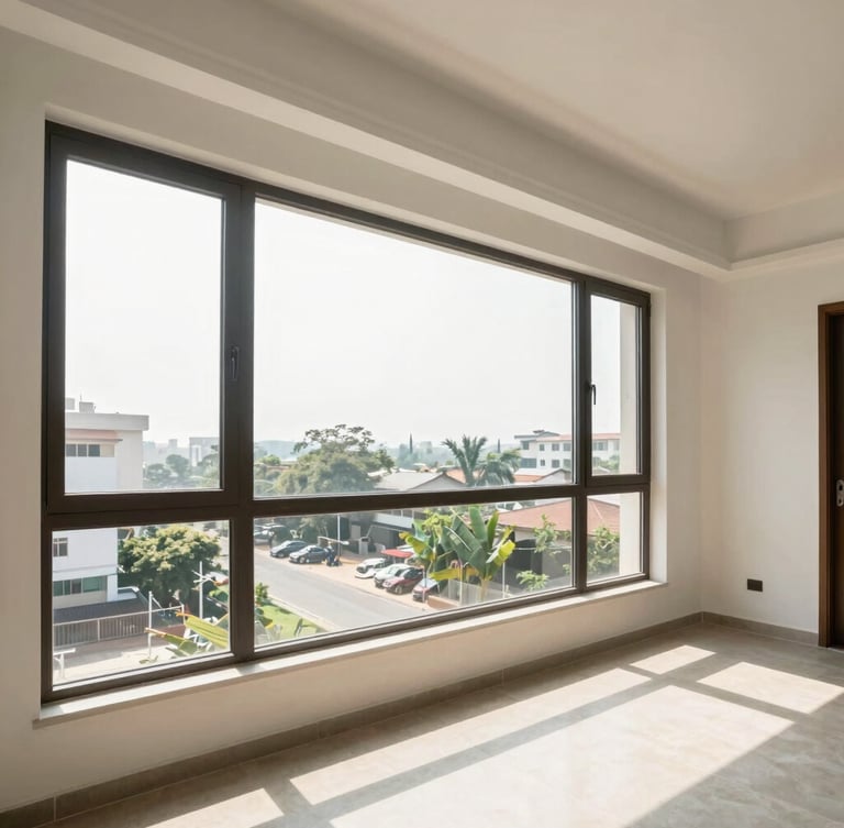 Bright architectural interior of a modern apartment in Bangalore, natural daylight streaming through a large window, clean lines, professional framing